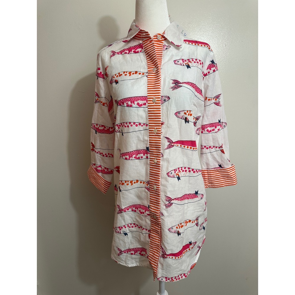 Gretchen Scott Shrimp Pink Orange Fish Print Cotton Tunic Shirt NWT Size XS
